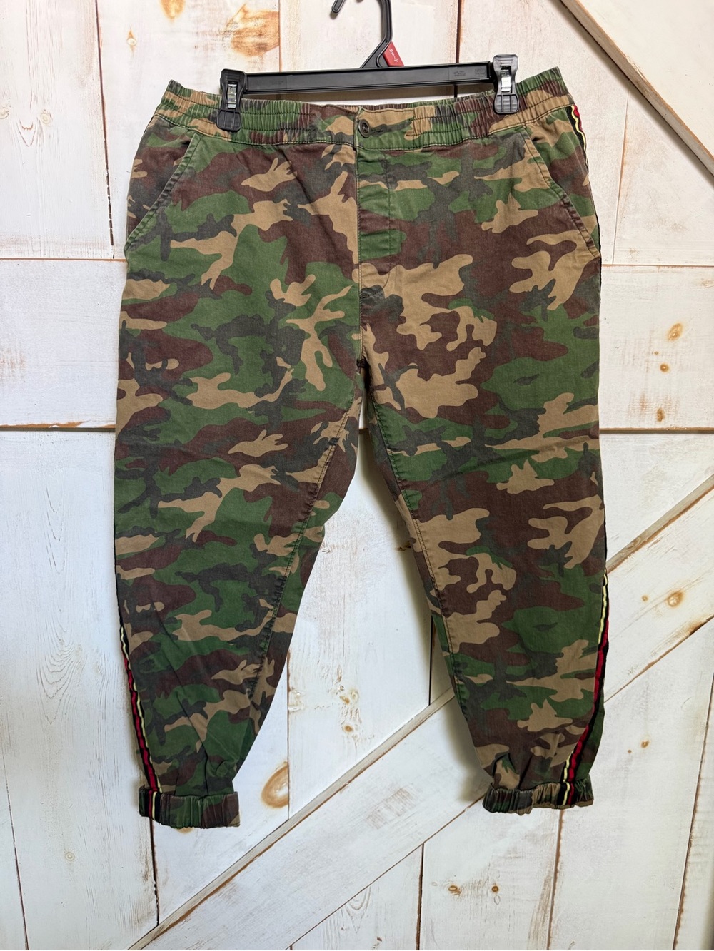 Cotton On Green & Brown Camo Ankle Pants with Red Side Stripe